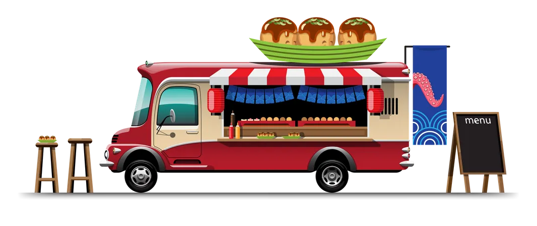 Food truck com lanche japonês  Ilustração