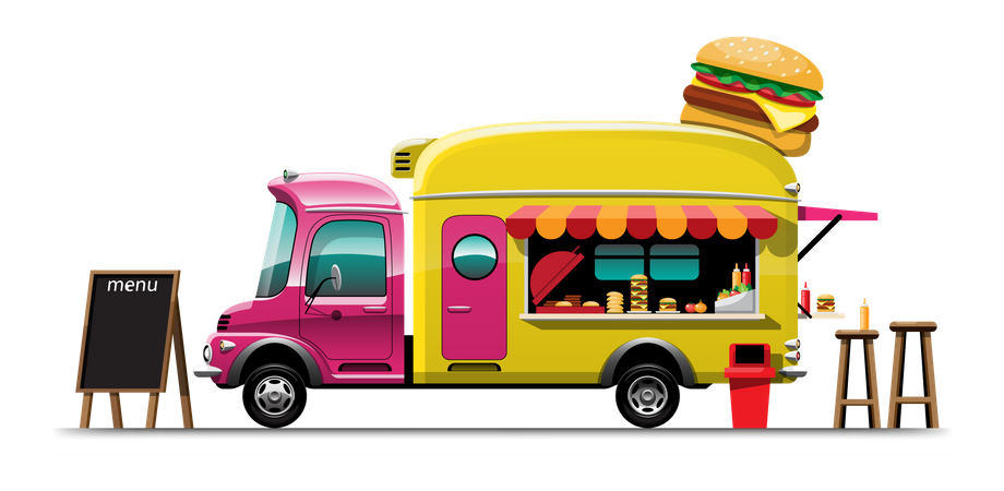 Camión de comida con hamburguesa  Ilustración
