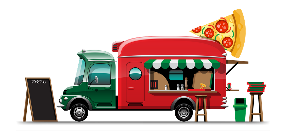 Camión de comida con menú de pizzas  Ilustración