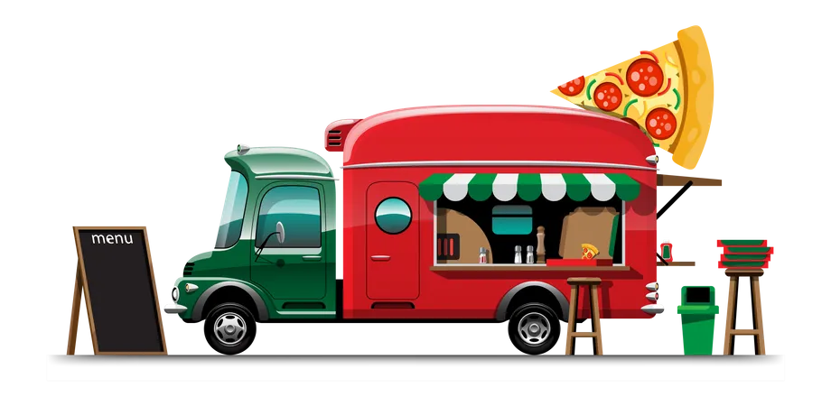 Camión de comida con menú de pizzas  Ilustración