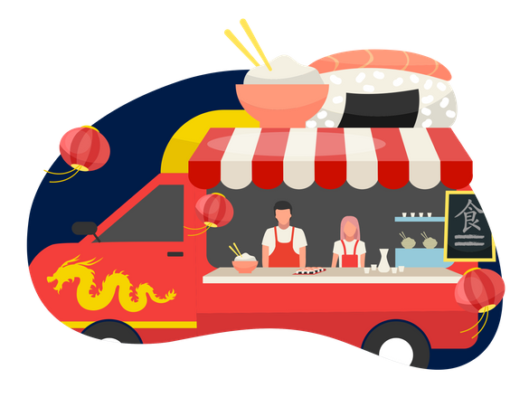 Food truck de fusão asiática  Ilustração