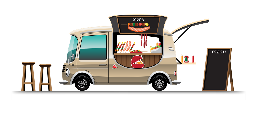 Food truck with barbecue and wooden chair Illustration