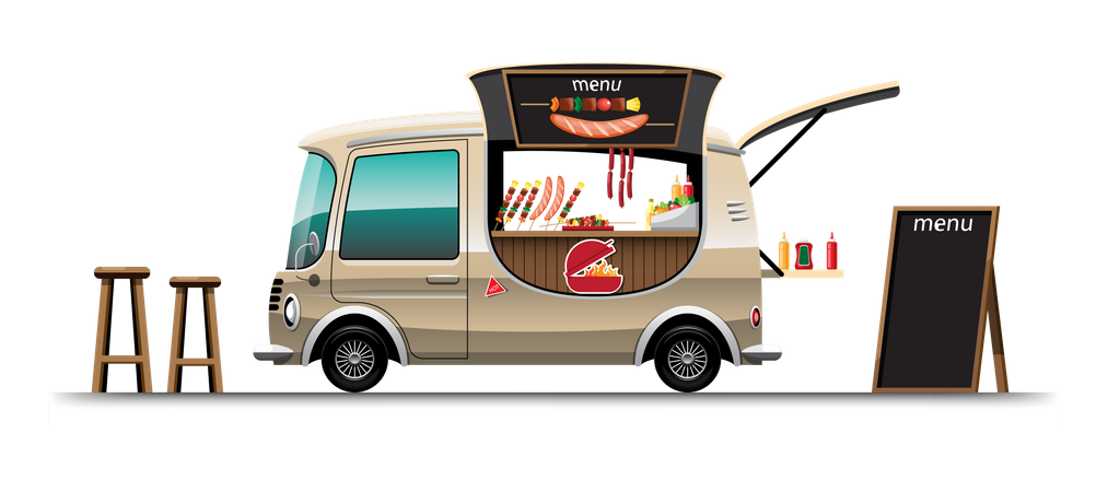 Food truck with barbecue and wooden chair  Illustration