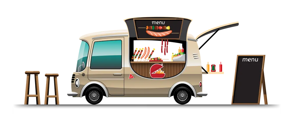 Food truck with barbecue and wooden chair  Illustration