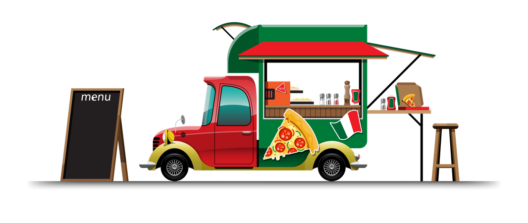 Fourgon alimentaire avec menu de pizzas  Illustration