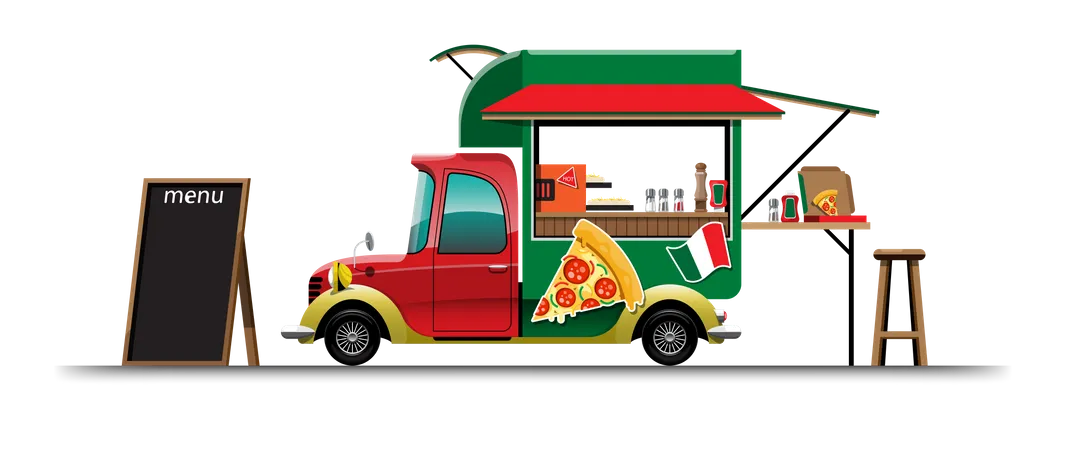 Fourgon alimentaire avec menu de pizzas  Illustration