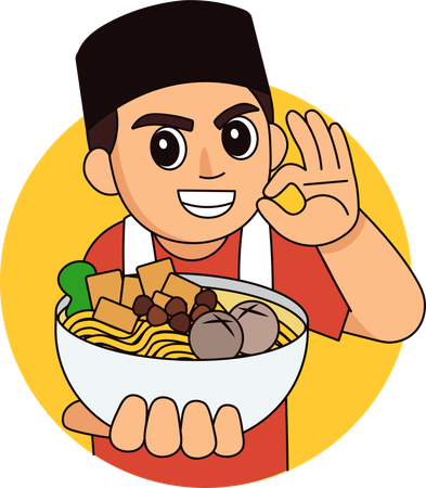 Food Vendor Seller holding Indonesian Chicken Noodle  Illustration