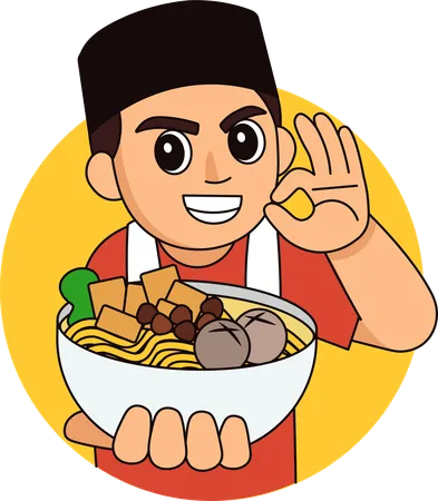 Food Vendor Seller holding Indonesian Chicken Noodle  Illustration