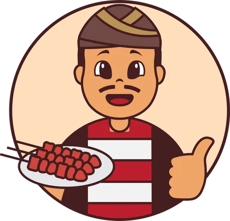 Food Vendor Seller Holding Satay  Illustration