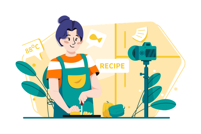 Food Vlogger Making Cooking Vlog  Illustration