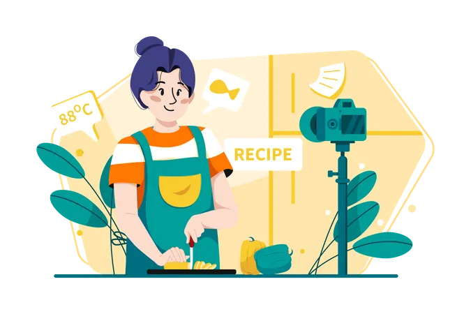 Food Vlogger Making Cooking Vlog  Illustration