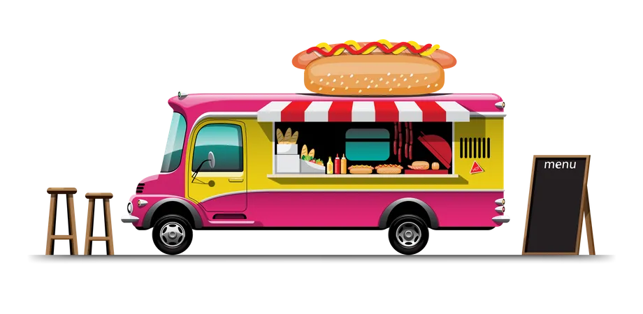 Der Imbisswagen In Der Seitenansicht Mit Hotdog Menu Und Holzstuhl Grosses Hotdog Modell Auf Dem Auto Vektorgrafik Illustration
