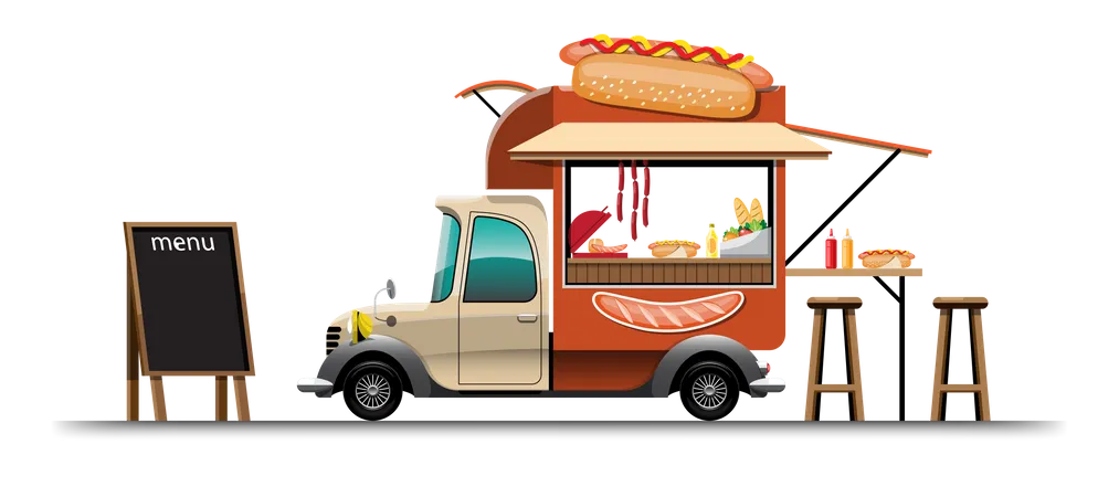 Die Seitenansicht Des Food Trucks Mit Hotdog Menu Und Holzstuhl Hamburger Banner An Der Seite Und Grossem Modell Auf Dem Autodach Vektorgrafik Illustration