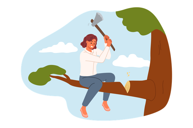 Foolish businesswoman cutting branch and failing due to mistake  Illustration