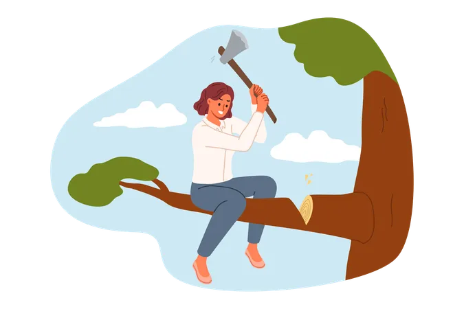 Foolish businesswoman cutting branch and failing due to mistake  Illustration