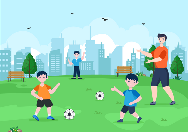 Best Premium Football Coach giving training to kids Illustration download  in PNG & Vector format