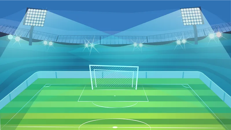 Football Court Landing Page In Flat Cartoon Style Modern Indoor Soccer Stadium Play Ground With Green Field Gate And Tribune Sports Arena With Spotlights Vector Illustration Of Web Background Illustration