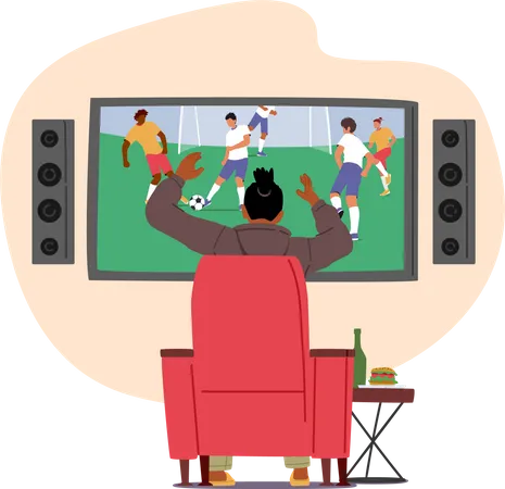 Football Fan Enjoying Match On Tv Sitting On Couch With Beer And Burger Rear View Man Cheering For Favorite Team Excited Male Character Soccer Supporter Cartoon People Vector Illustration Illustration