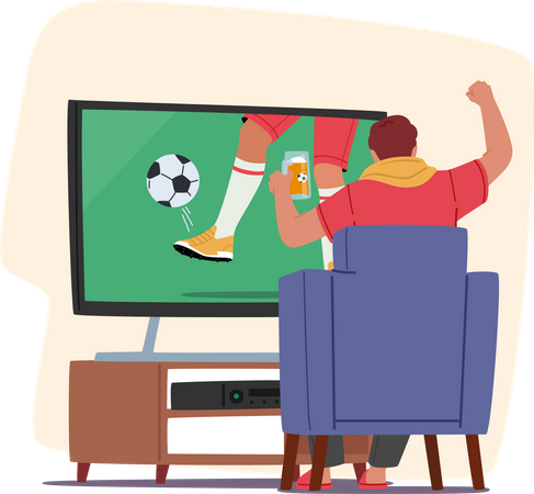 Football fan watching match at home on tv  Illustration