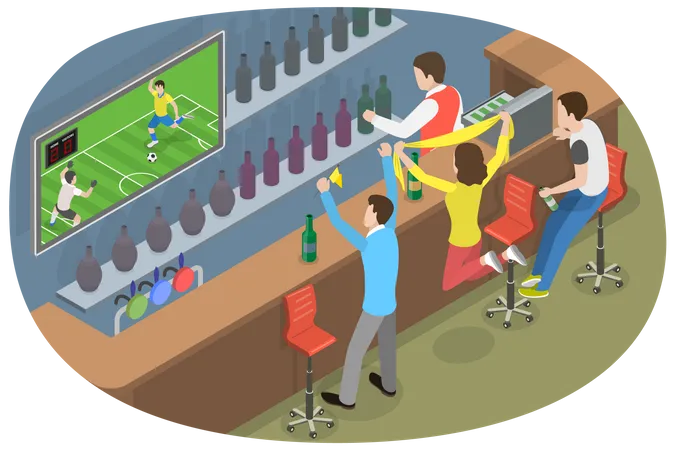 3 D Isometric Flat Vector Conceptual Illustration Of Football Fans In A Pub Friends Watching Soccer And On TV Illustration