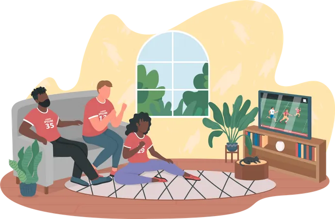 Football fans playing game on TV at home  Illustration