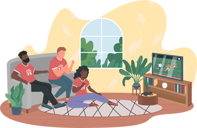 Football fans playing game on TV at home  Illustration