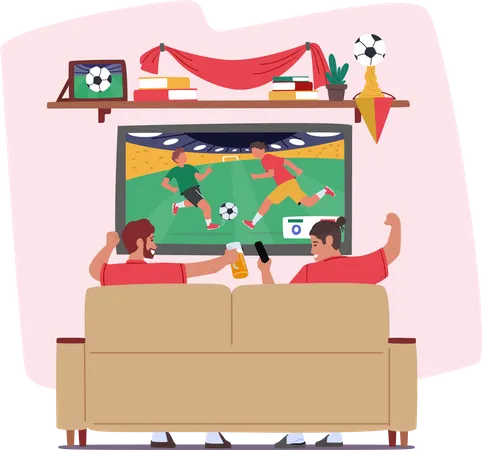 Football Fans Watching Match Male Characters Soccer Supporters Cheering For Favorite Team At Home On Tv Sitting On Couch Rear View Excited Men Screaming With Beer Cartoon People Vector Illustration Illustration