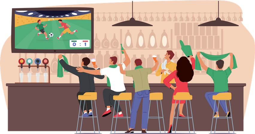 Football fans watching match on tv in night club  Illustration