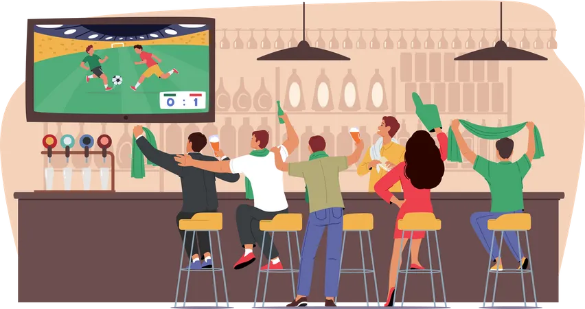 Football Fans Watching Match On Tv Sitting On High Chairs In Night Club Rear View Excited People With Beer And Scarf Cheer For Favorite Team Soccer Supporter Characters Cartoon Vector Illustration Illustration