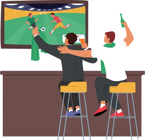 Football Fans Watching Match Male Characters Soccer Supporters Cheering For Favorite Team On Tv Sitting On Bar Chairs Rear View Excited Men Screaming With Beer Cartoon People Vector Illustration Illustration