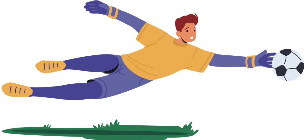 Football goalkeeper jump and catch ball in soccer match  Illustration