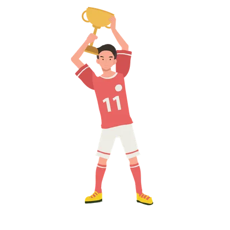 Football player celebrating victory with trophy  Illustration