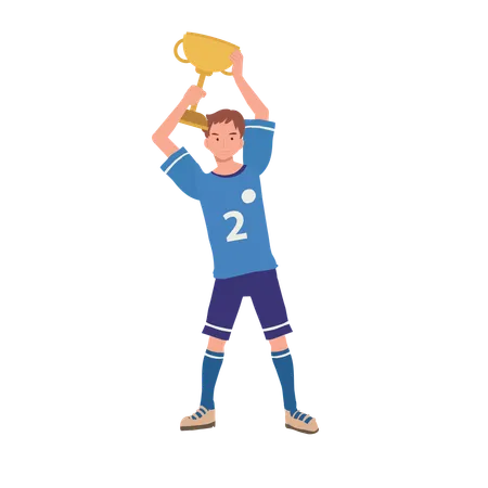 Football player celebrating victory with trophy  Illustration