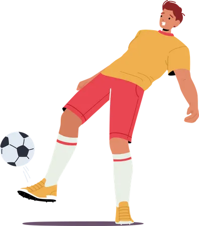 Football Player In Team Uniform Kick Ball Young Sportsman Character Training Making Stunts During Soccer Sport League Tournament Sportsman In Motion At Game Cartoon People Vector Illustration イラスト