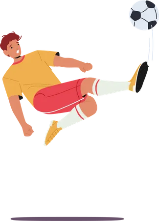 Young Football Player Character In Team Uniform Kick Ball Sportsman Training Before Competition Soccer League Tournament Sport Life Sportsman In Motion At Game Cartoon People Vector Illustration イラスト