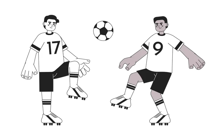 Football Players Kicking Ball Monochrome Concept Vector Spot Illustration Football Team Game 2 D Flat Bw Cartoon Characters For Web UI Design Championship Isolated Editable Hand Drawn Hero Image Illustration
