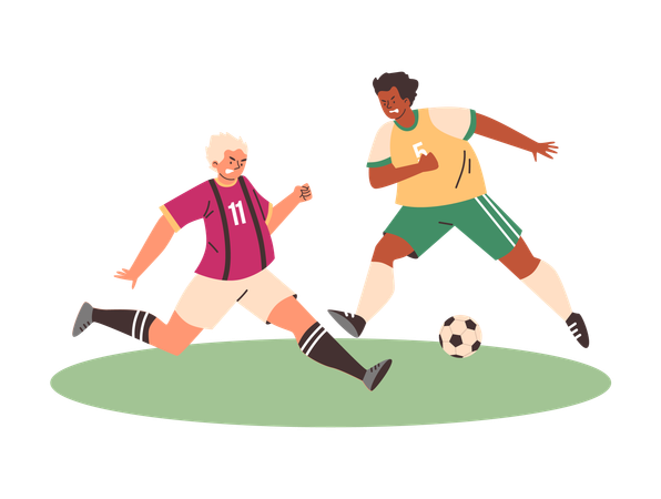 축구 축구 두 남자 선수가 축구를 차기 위해 싸우는 선수들과 맞붙는다  일러스트레이션