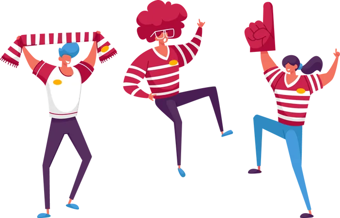 Football Supporter Fans Characters Cheering And Celebrate Watching Match At Stadium Friends People Group With Red T Shirts Having Excited Fun On Sport World Championship Cartoon Vector Illustration Illustration