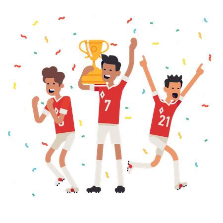 Football team players celebrating golden cup they just won  Illustration