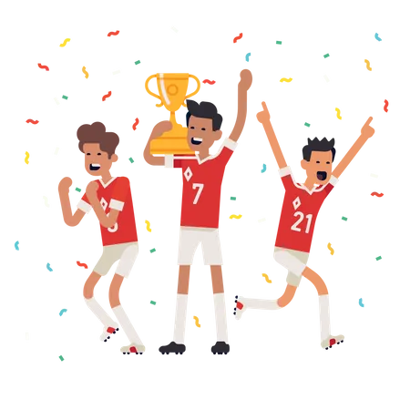 Football team players celebrating golden cup they just won  Illustration