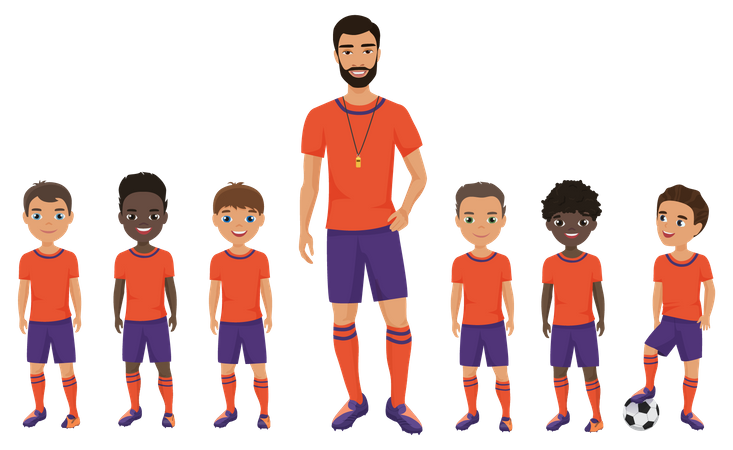 Football team with coach  Illustration