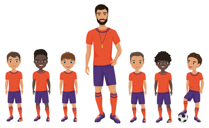 Football team with coach  Illustration