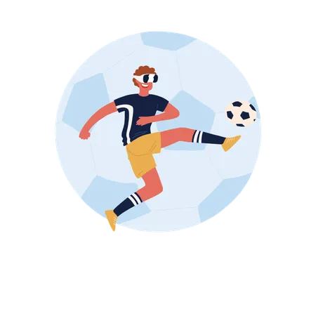 Footballer wearing virtual reality headset kicking soccer ball  Illustration