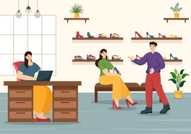 Shoe Store Vector Illustration With New Collection Men Or Women Various Models Or Colors Of Sneakers And High Heels In Flat Cartoon Background 일러스트레이션
