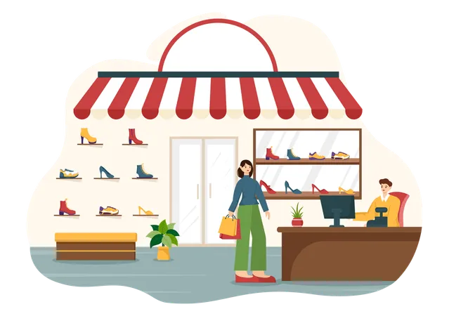 Shoe Store Vector Illustration With New Collection Men Or Women Various Models Or Colors Of Sneakers And High Heels In Flat Cartoon Background 일러스트레이션
