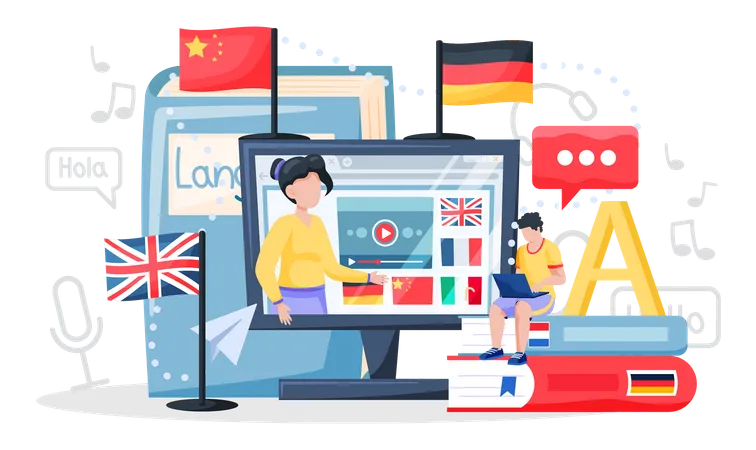 Language Classes Online With Education Platform Vector Banner Foreign Speech Study At Home Using Computer Instructor Leads Video Lesson On Computer Teaches Students Distance Classes Via Internet Illustration