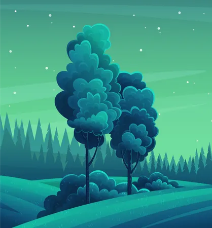 Night Mixed Forest Dark Blue Green Background Tall Tree With A Magnificent Crown Deciduous Wood Bright Moon In The Sky Stars Cartoon Design For Banners Games Sites Night Forest Landscape Illustration