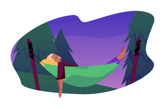 Forest night rest depicted with a man in a hammock against the backdrop of a night forest  Illustration