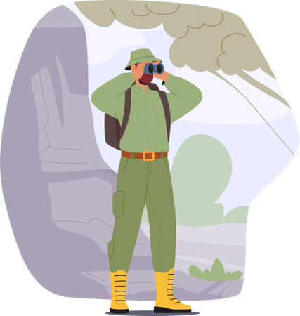 Forest ranger  in uniform looking through binocular making observation of natural park  Illustration