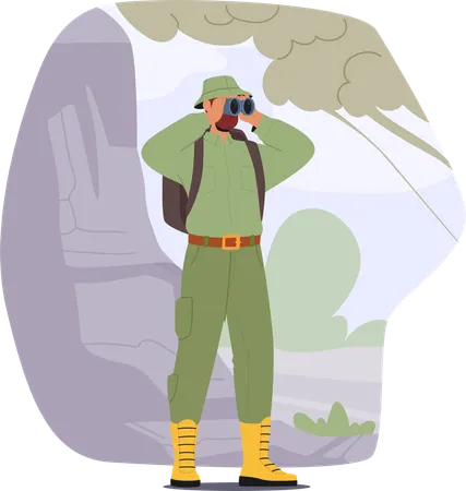 Forest ranger  in uniform looking through binocular making observation of natural park  Illustration